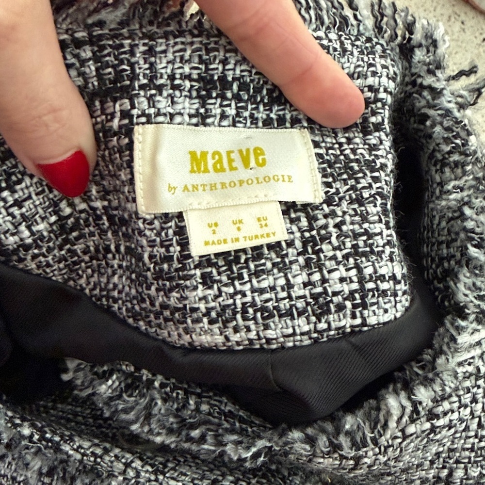 Maeve Anthropologie black white tweed jacket pearl button 2 - Picture 6 of 10